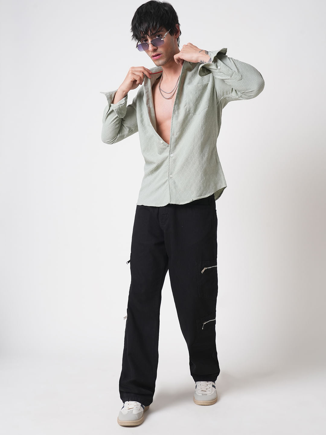 Wavy Textured Sage Green Jacquard Shirt
