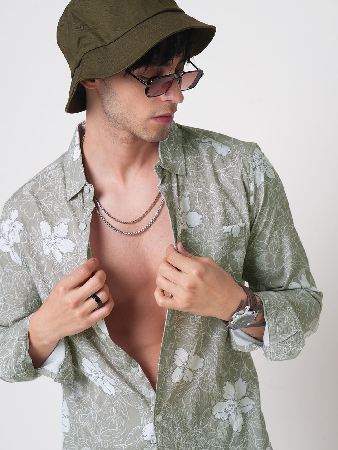 Sage Green Floral Printed Creased Shirt