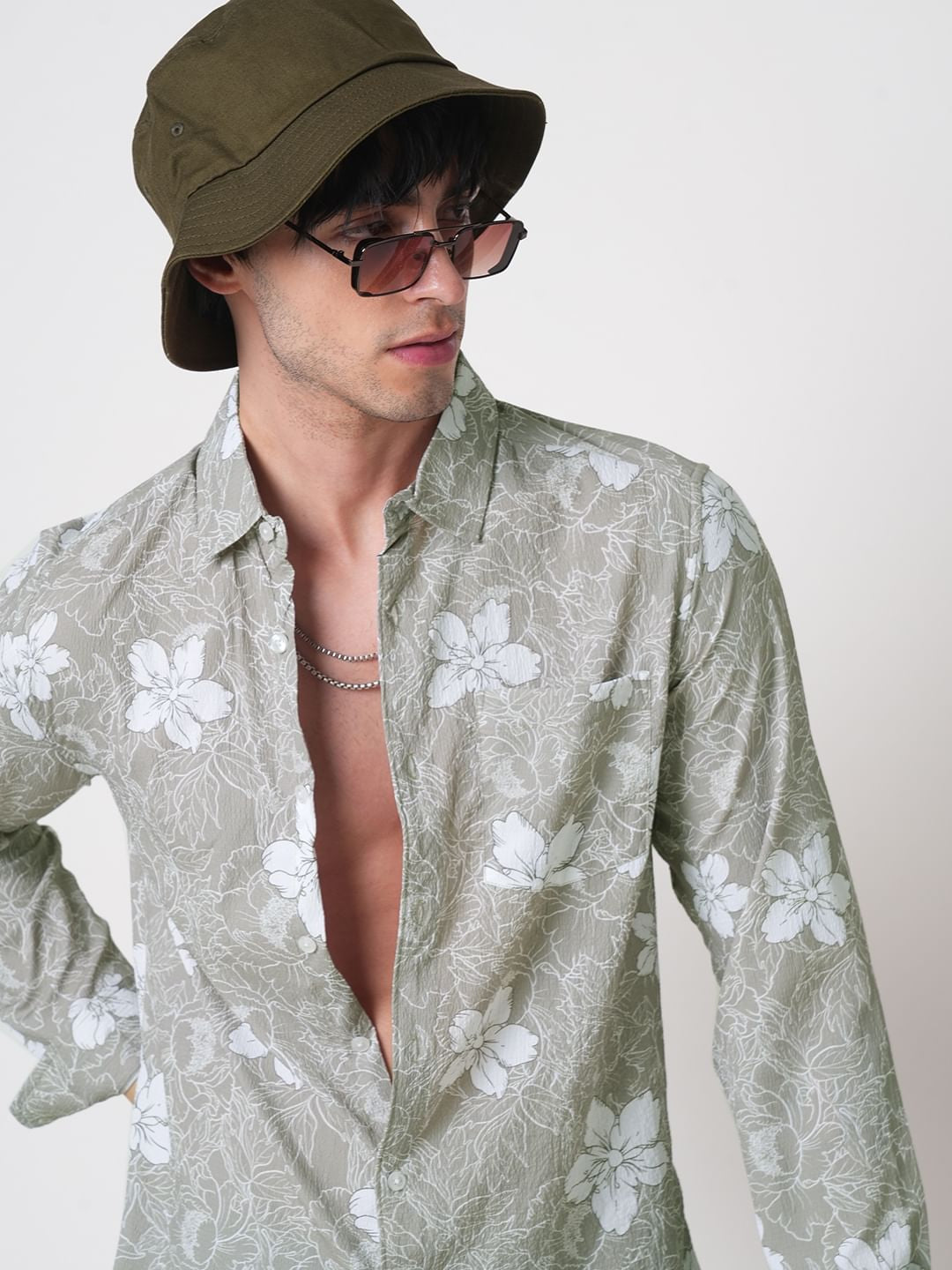 Sage Green Floral Printed Creased Shirt