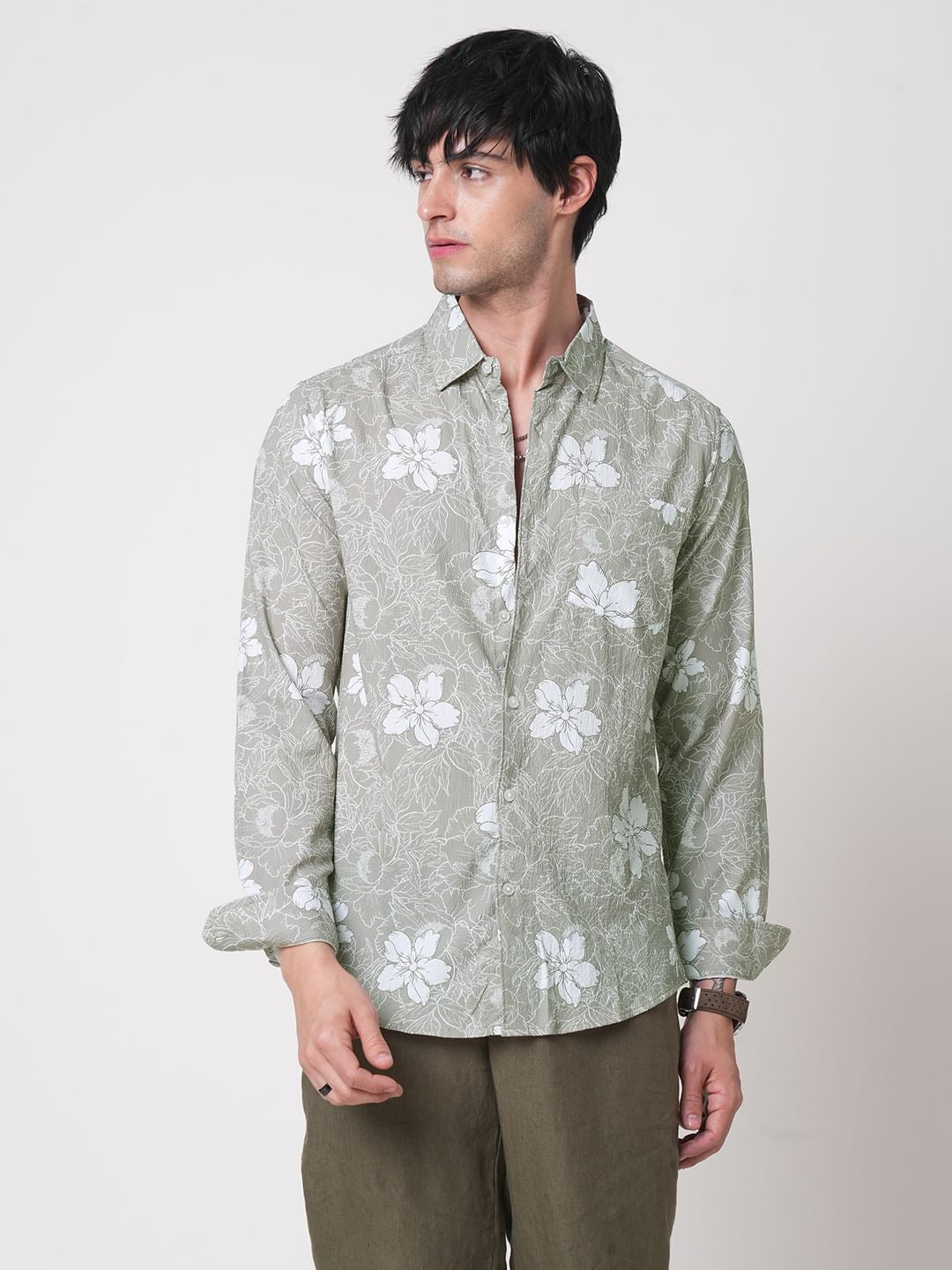 Sage Green Floral Printed Creased Shirt