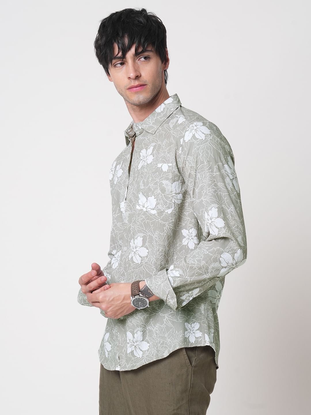 Sage Green Floral Printed Creased Shirt