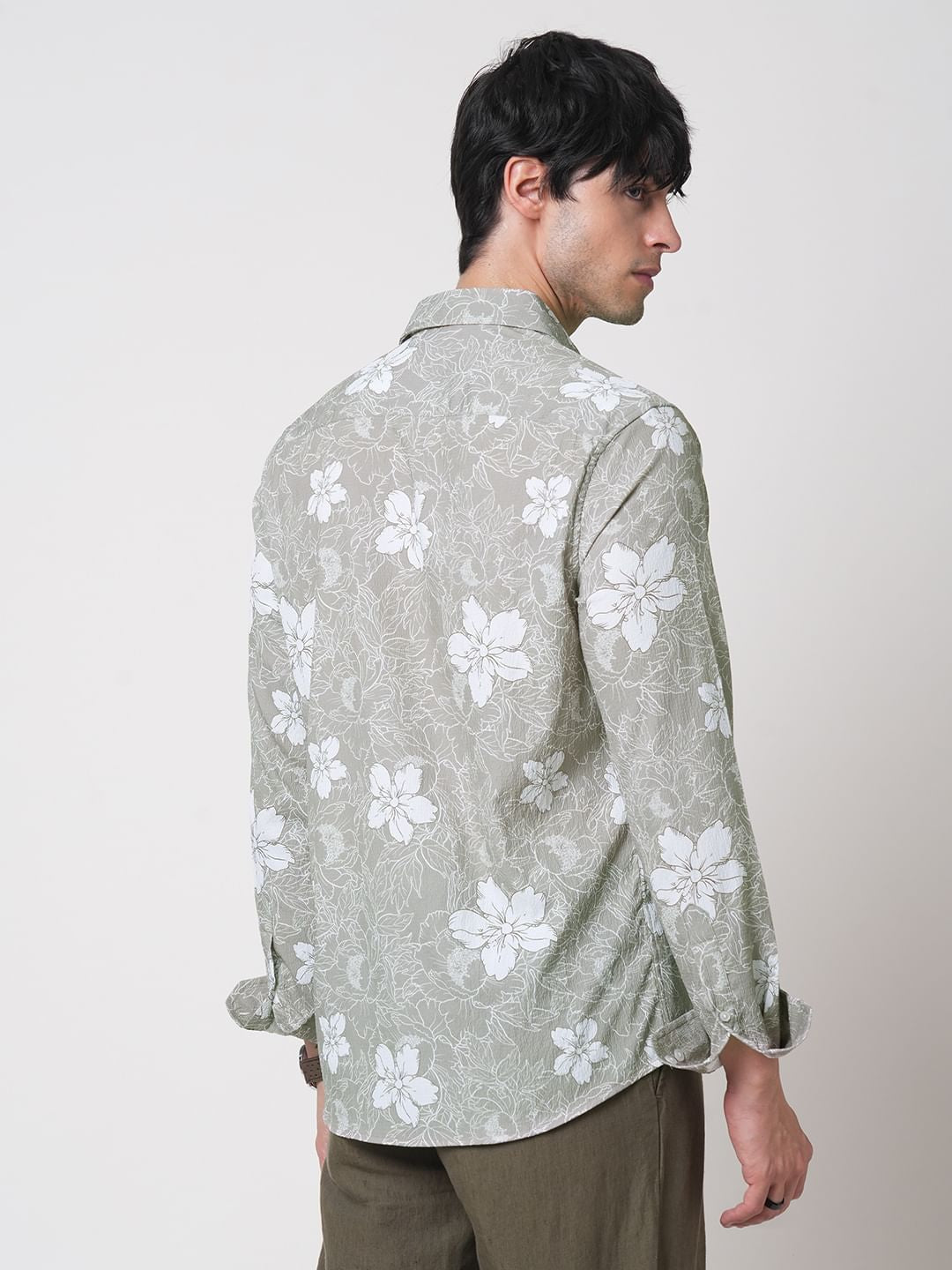Sage Green Floral Printed Creased Shirt
