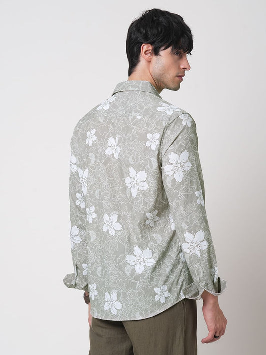 Sage Green Floral Printed Creased Shirt