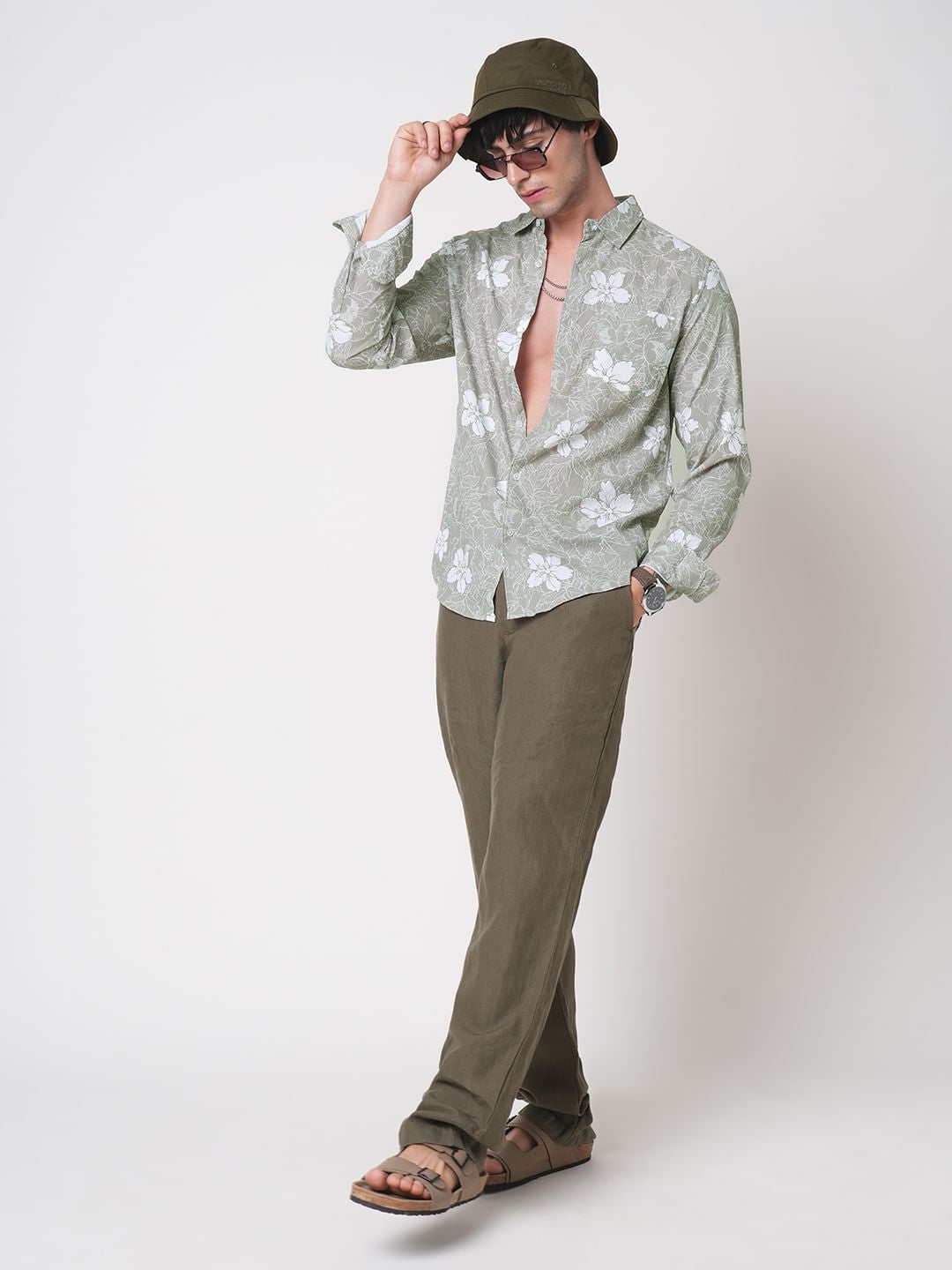 Sage Green Floral Printed Creased Shirt