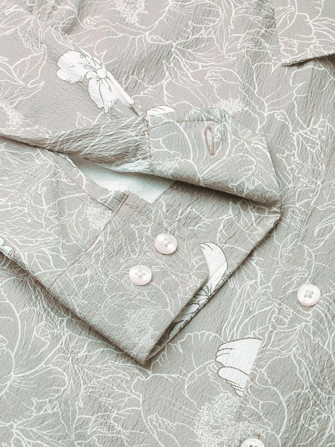 Sage Green Floral Printed Creased Shirt
