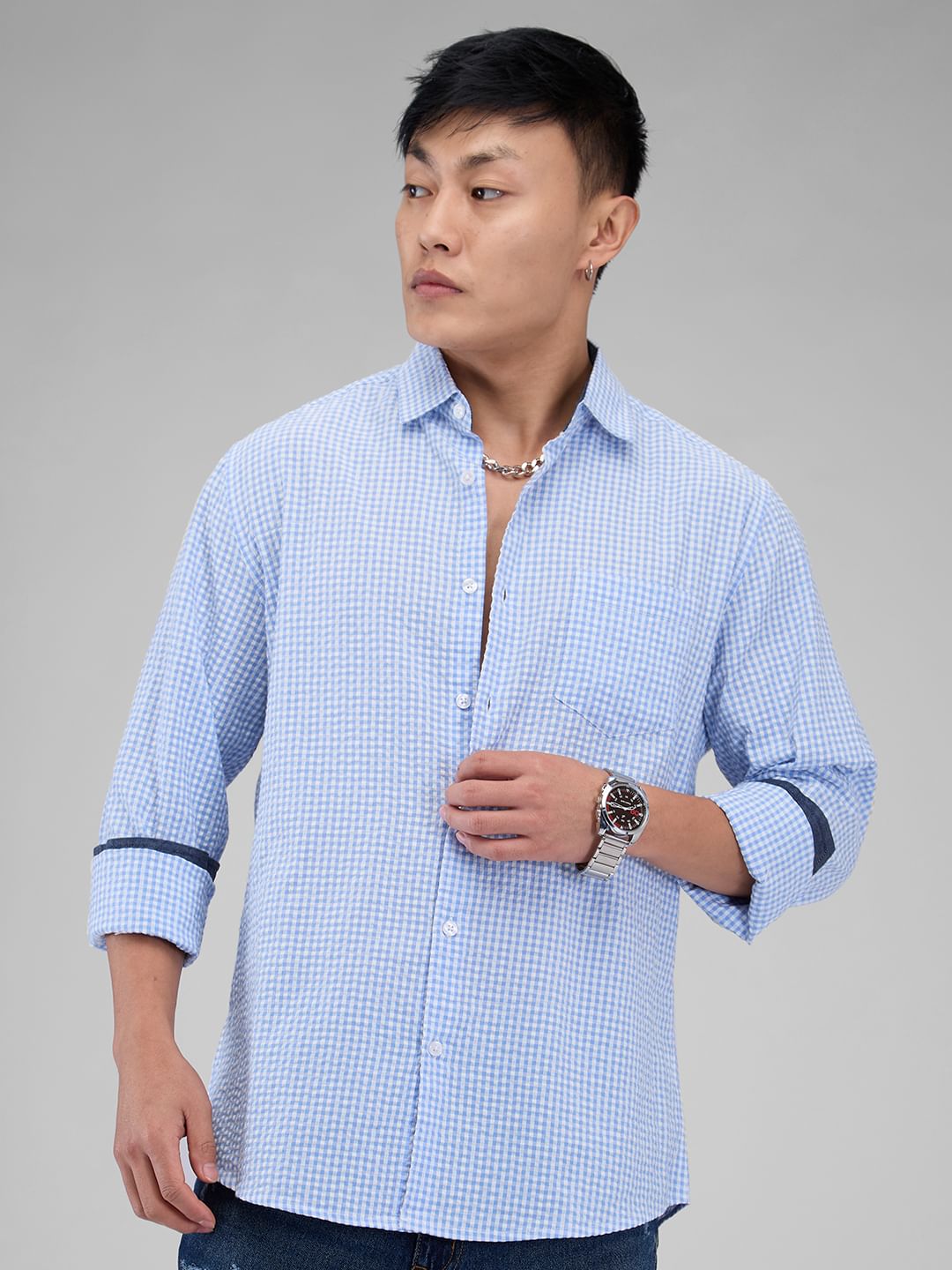 Tiny Blue Checkered Seersucker Shirt