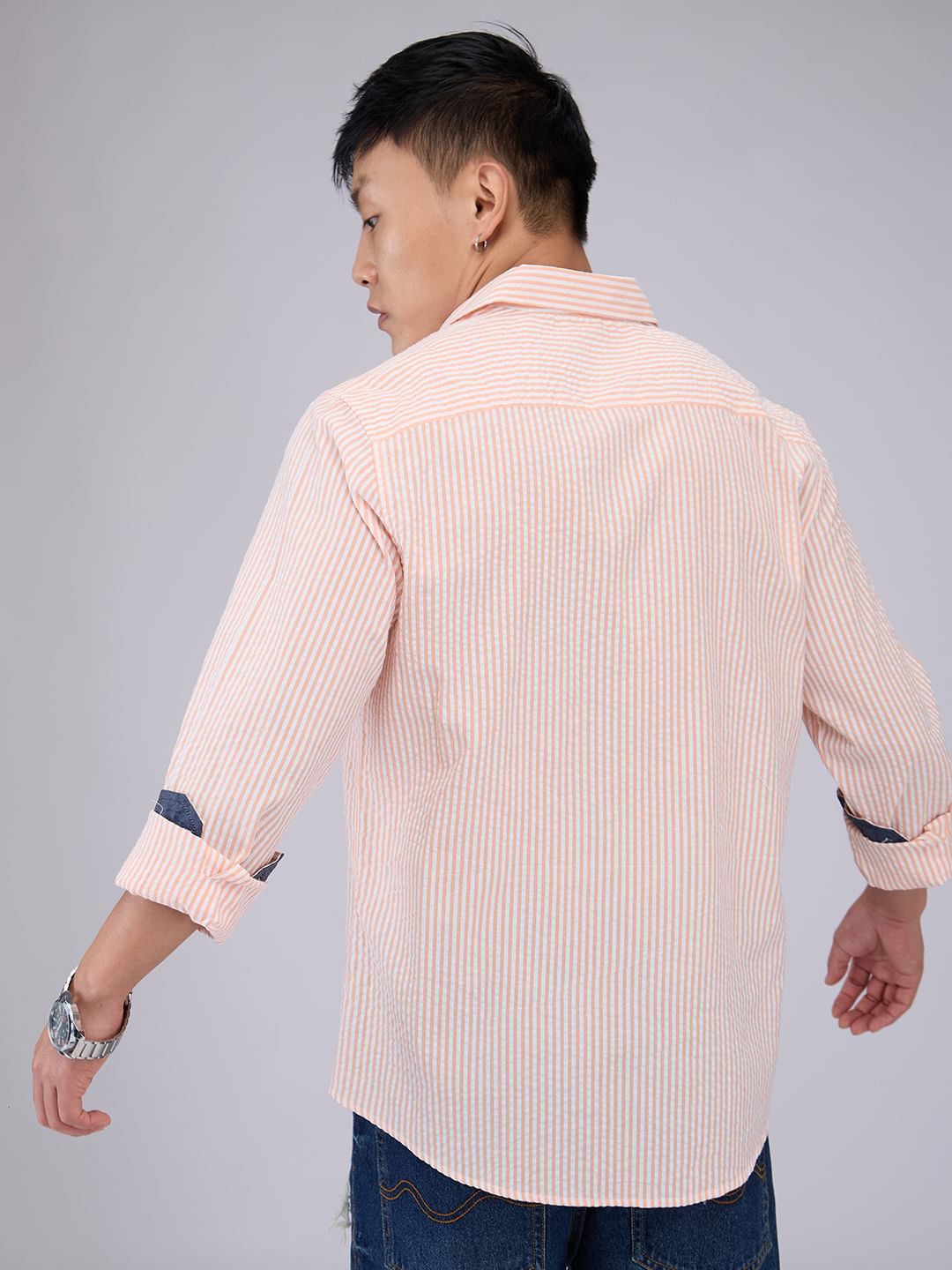 Peach & White Candy Striped Seersucker Shirt
