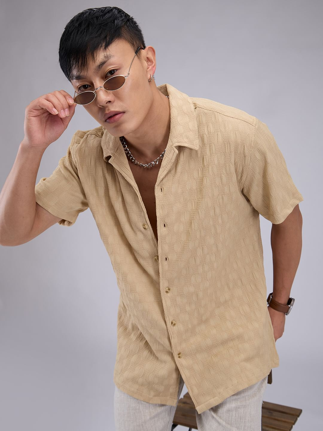 Tan Beige Crepe Textured Oversized Shirt