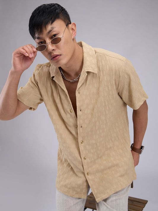Tan Beige Crepe Textured Oversized Shirt
