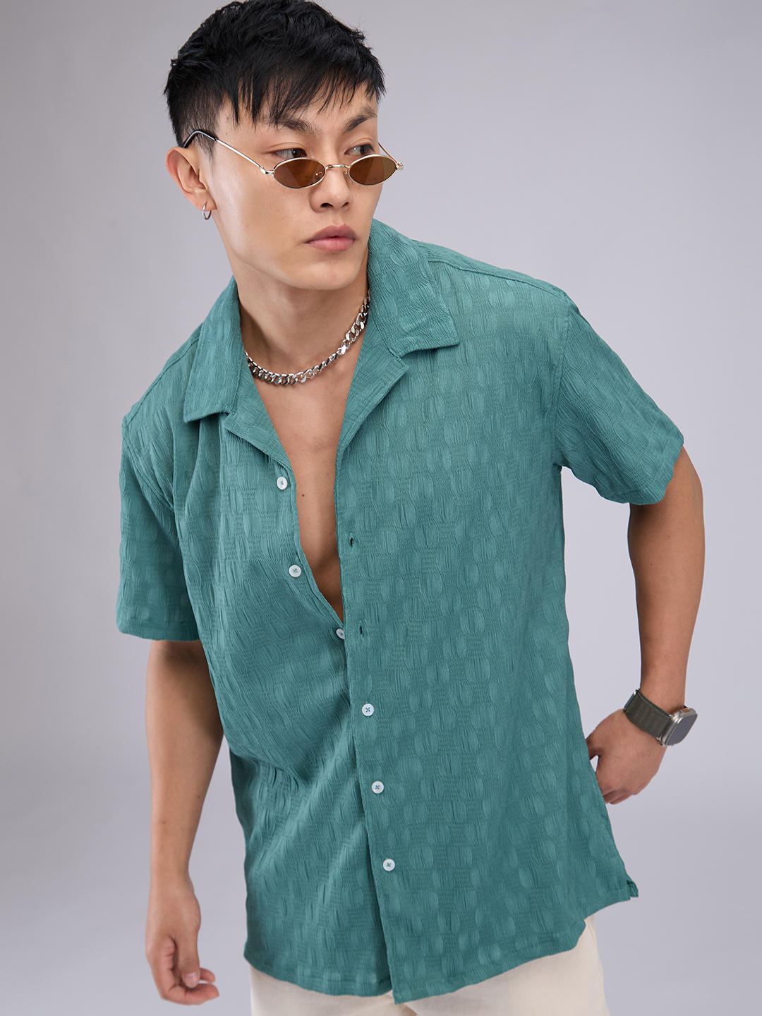 Castleton Green Crepe Textured Oversized Shirt