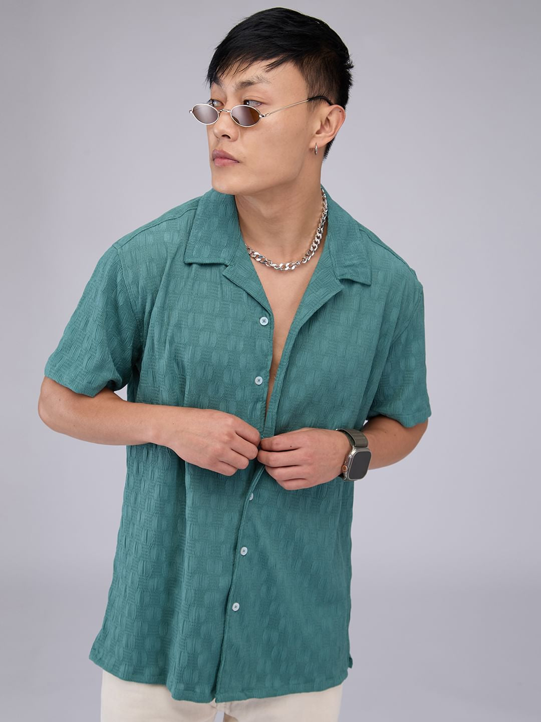 Castleton Green Crepe Textured Oversized Shirt