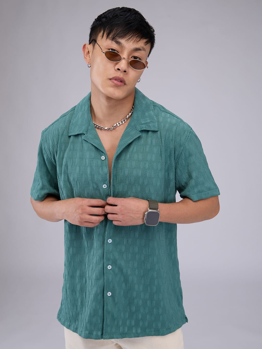 Castleton Green Crepe Textured Oversized Shirt