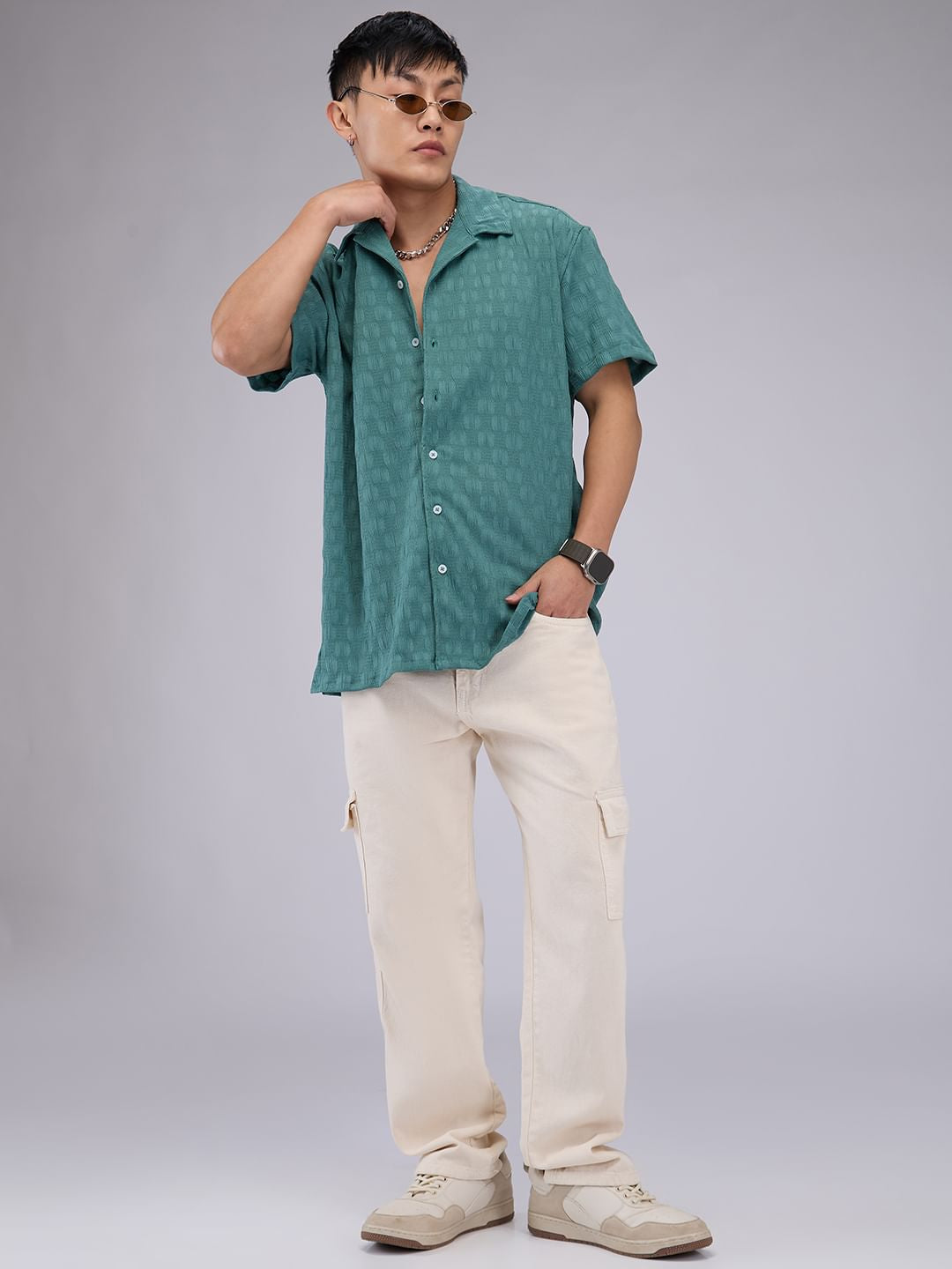 Castleton Green Crepe Textured Oversized Shirt