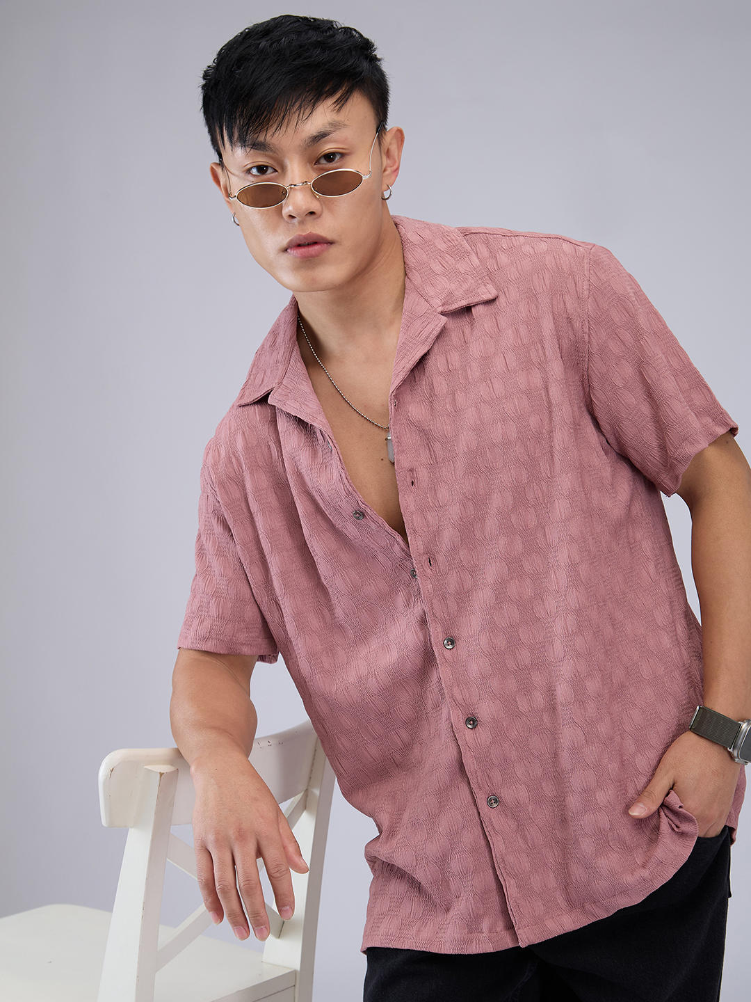Rouge Pink Crepe Crinkled Oversized Shirt