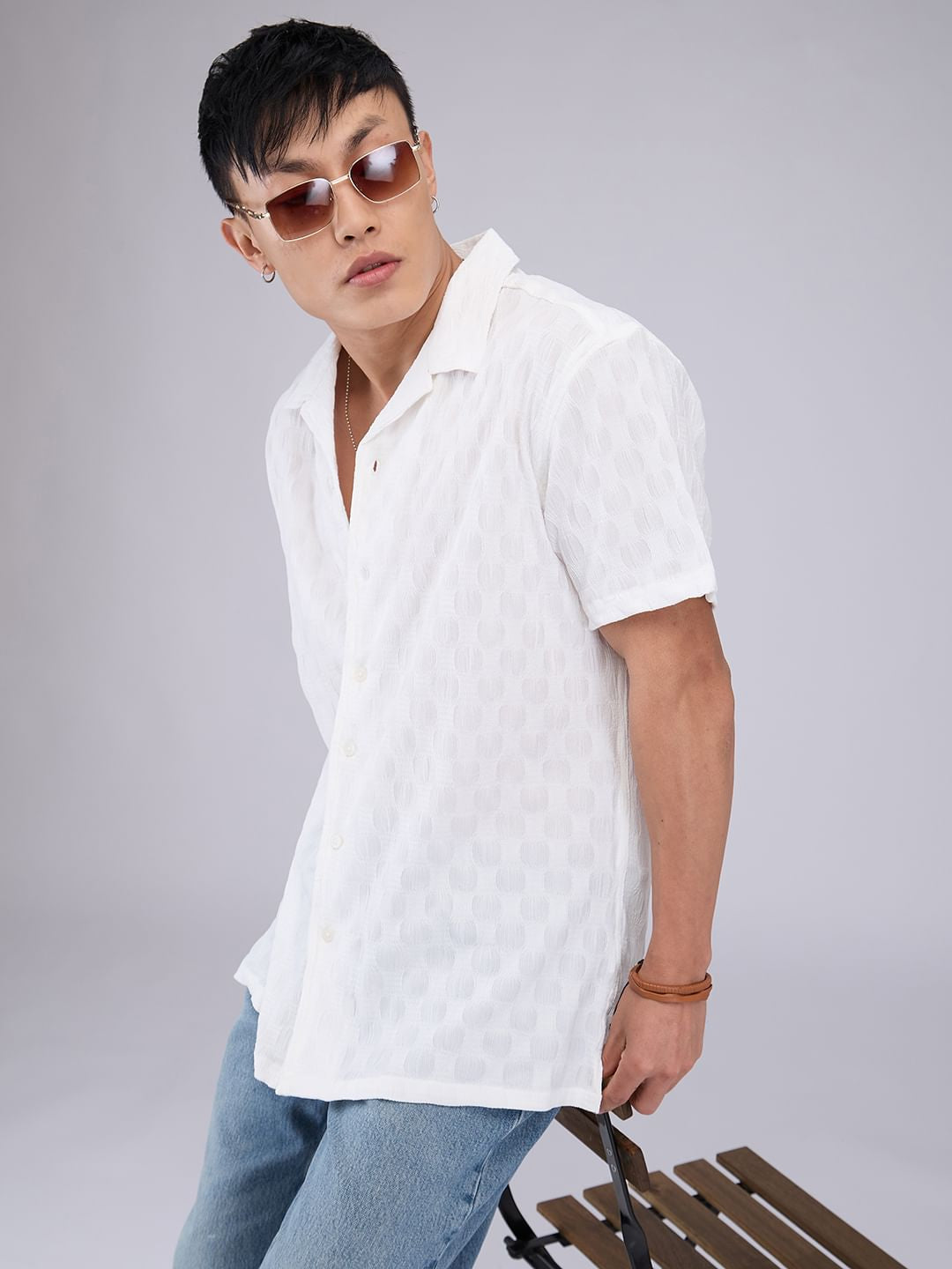 White Crepe Textured Oversized Shirt