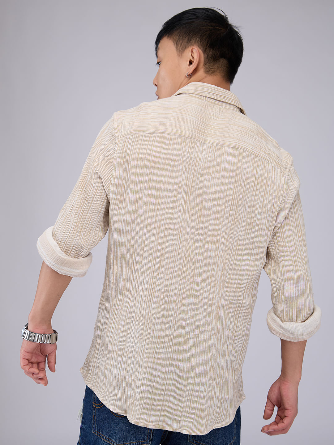 Premium Cotton Beige Double Cloth Line Striped Crepe Shirt