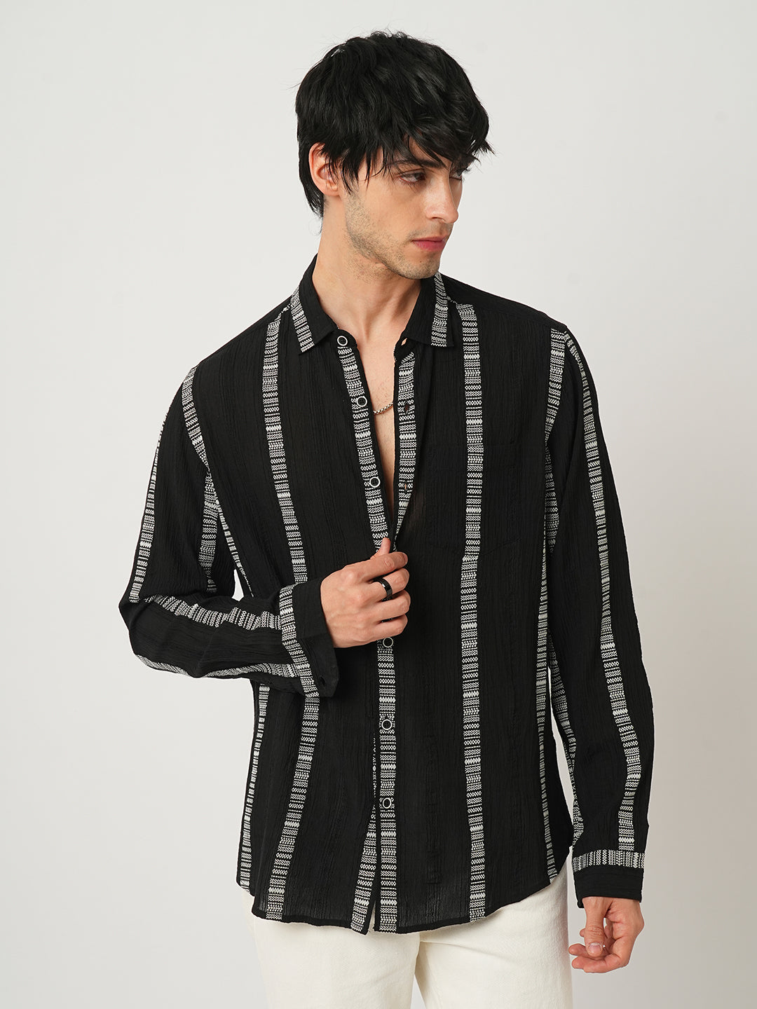 Premium Cotton Black Embroidered Crepe Shirt