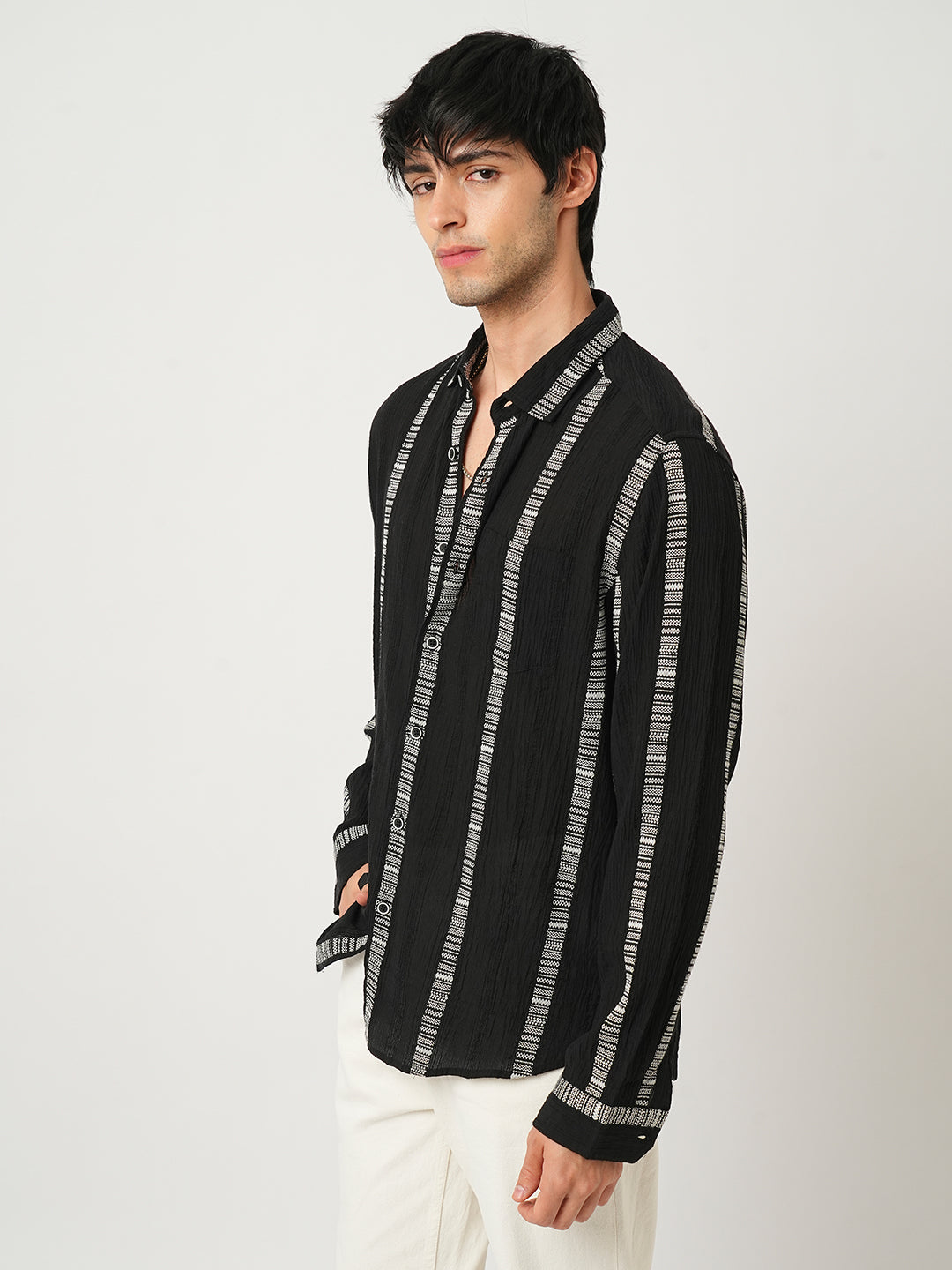 Premium Cotton Black Embroidered Crepe Shirt