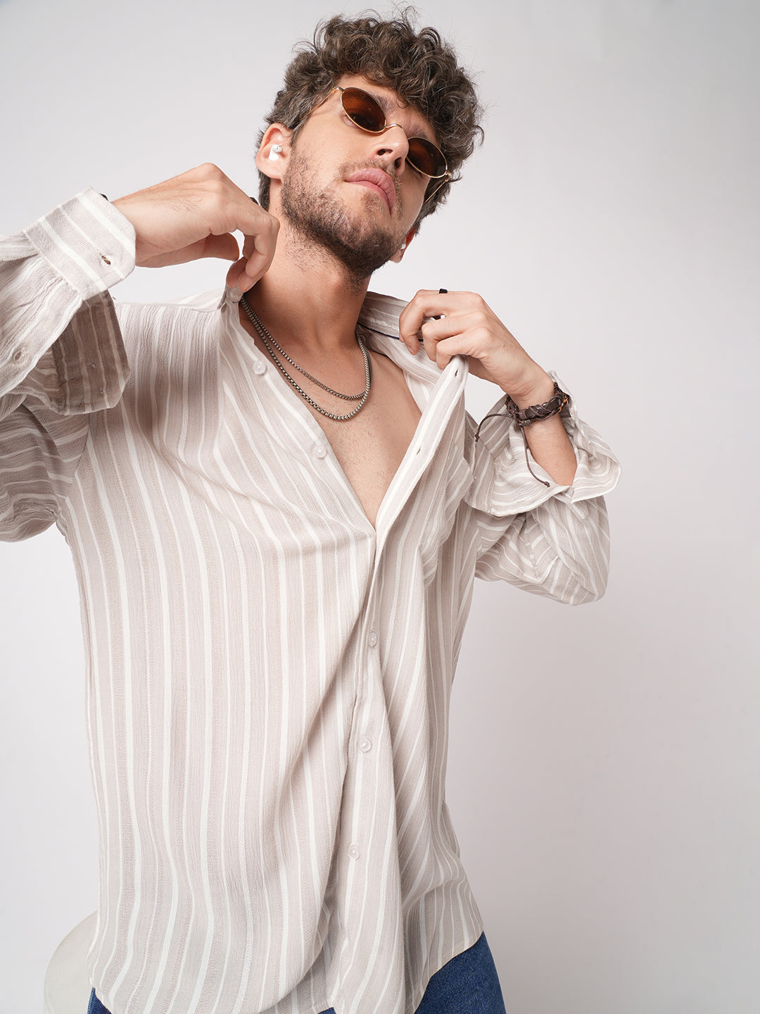 Premium Beige Awning Striped Crepe Shirt