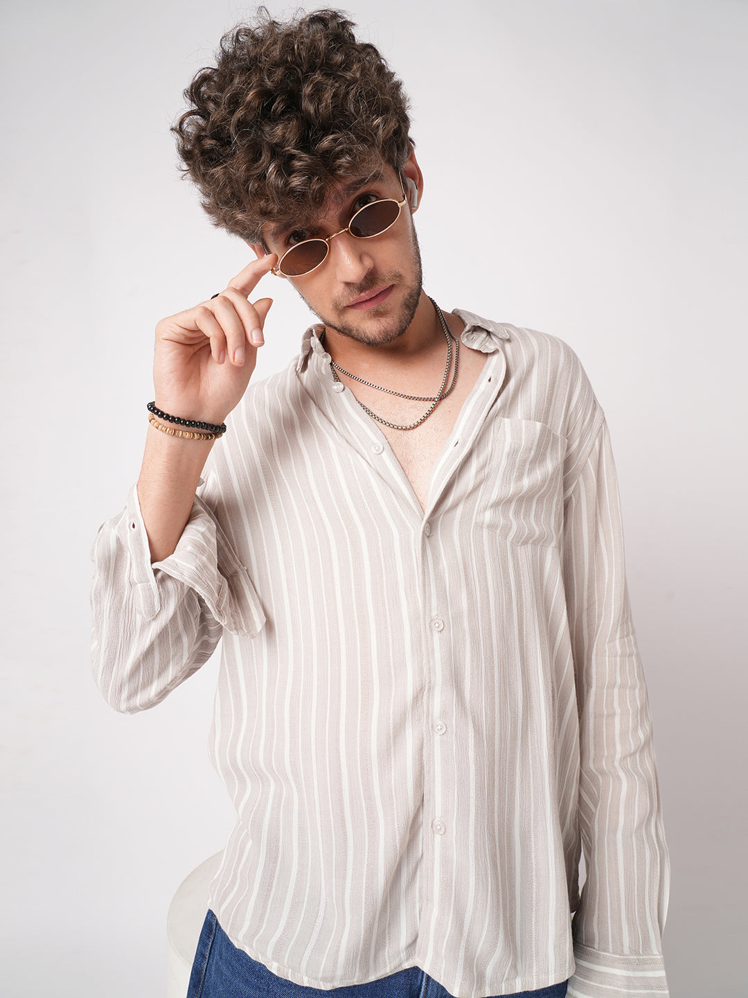 Premium Beige Awning Striped Crepe Shirt
