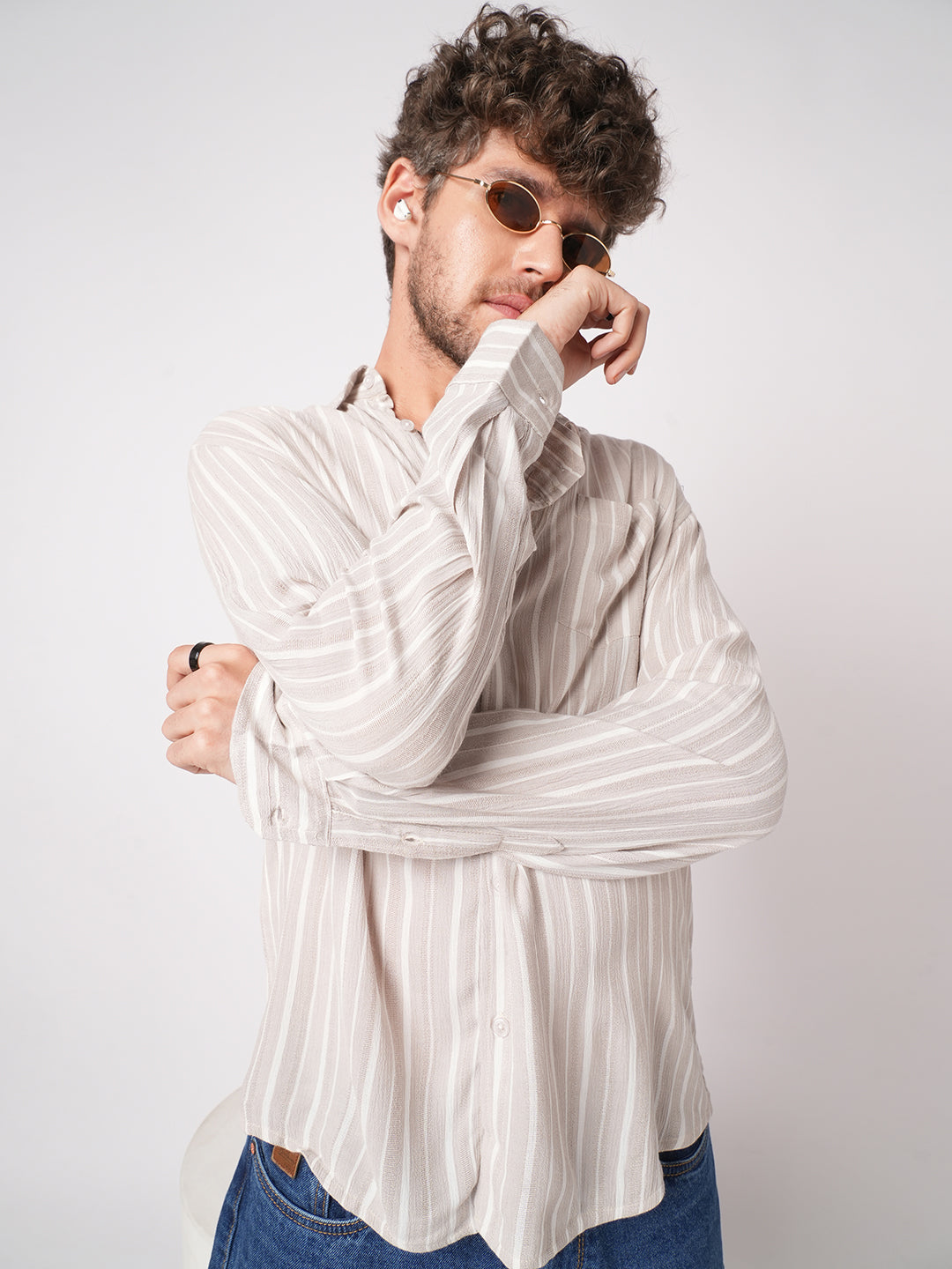 Premium Beige Awning Striped Crepe Shirt