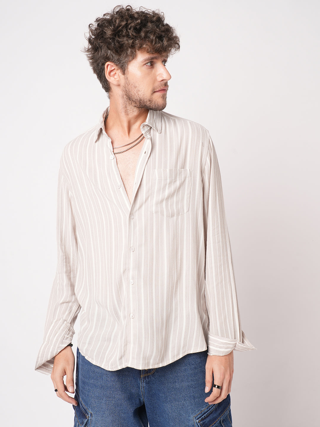 Premium Beige Awning Striped Crepe Shirt