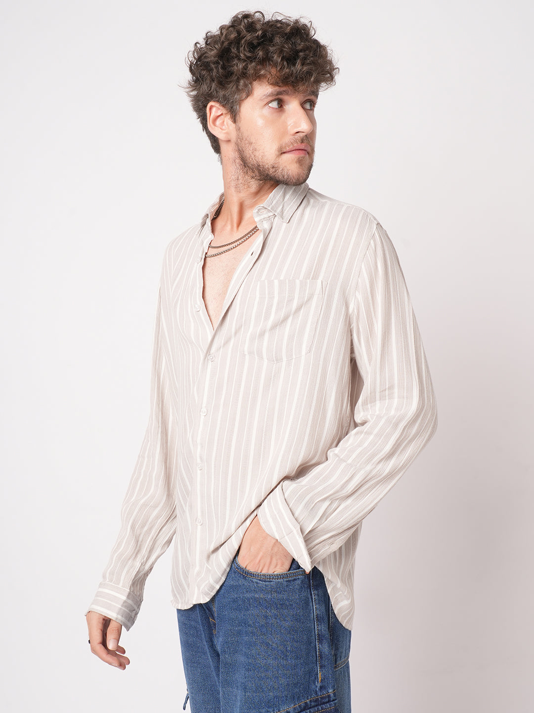 Premium Beige Awning Striped Crepe Shirt