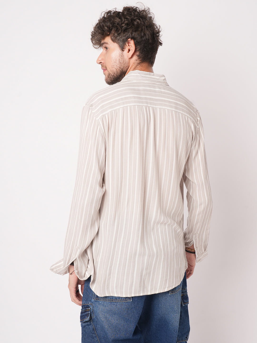 Premium Beige Awning Striped Crepe Shirt