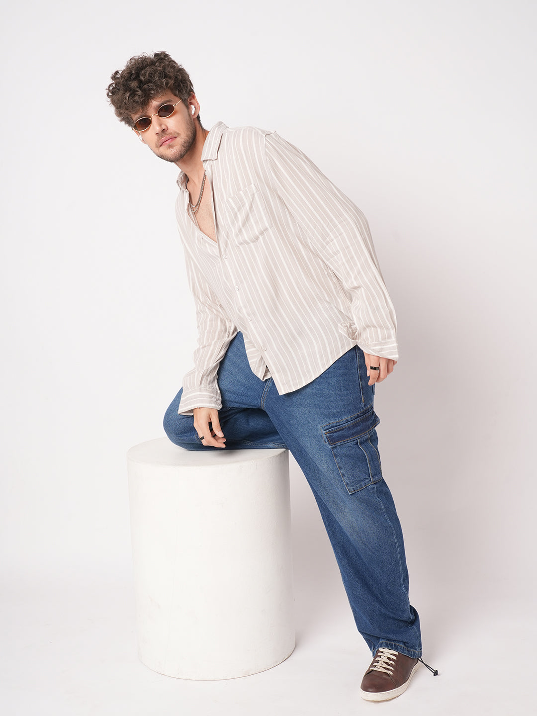 Premium Beige Awning Striped Crepe Shirt