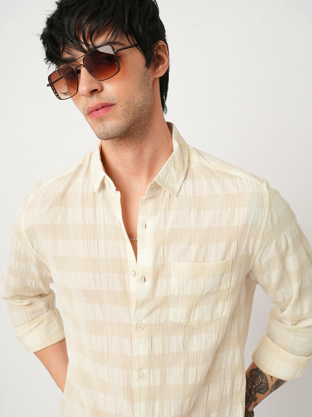 Premium Cotton Ivory Broad Checked Crepe Shirt