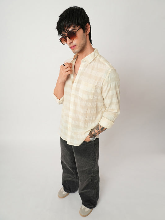 Premium Cotton Ivory Broad Checked Crepe Shirt