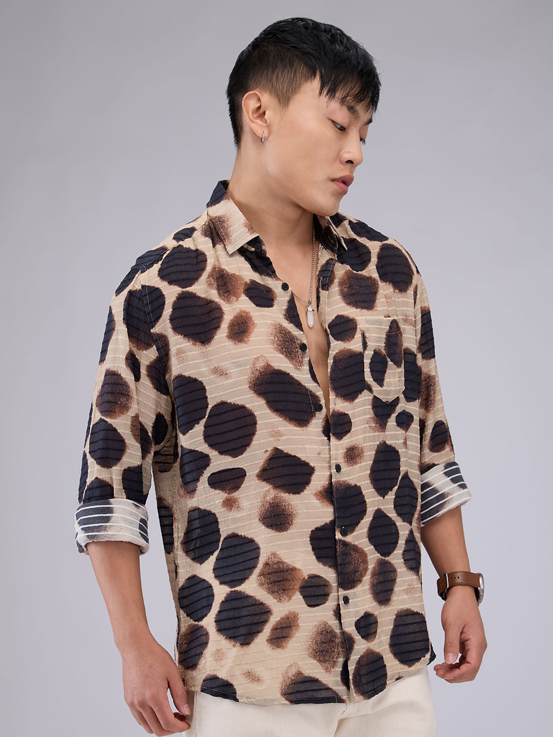 Beige Horizontal Dobby Striped Hawaiian Shirt