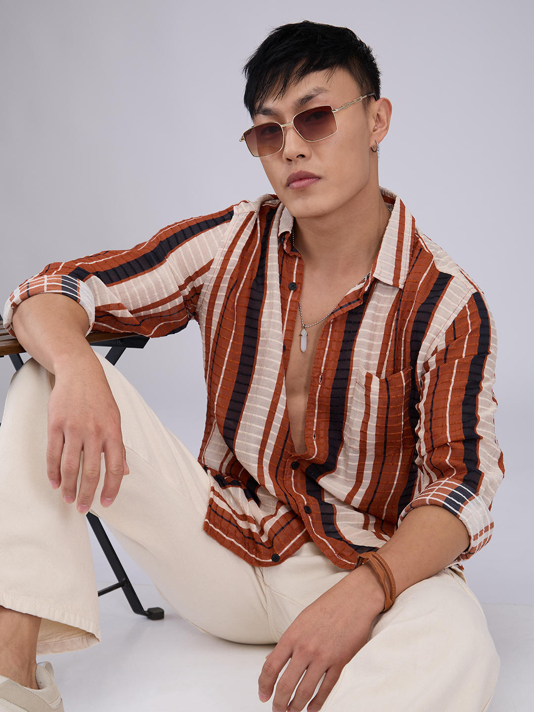 Voguish Brick Red Dobby Striped Shirt