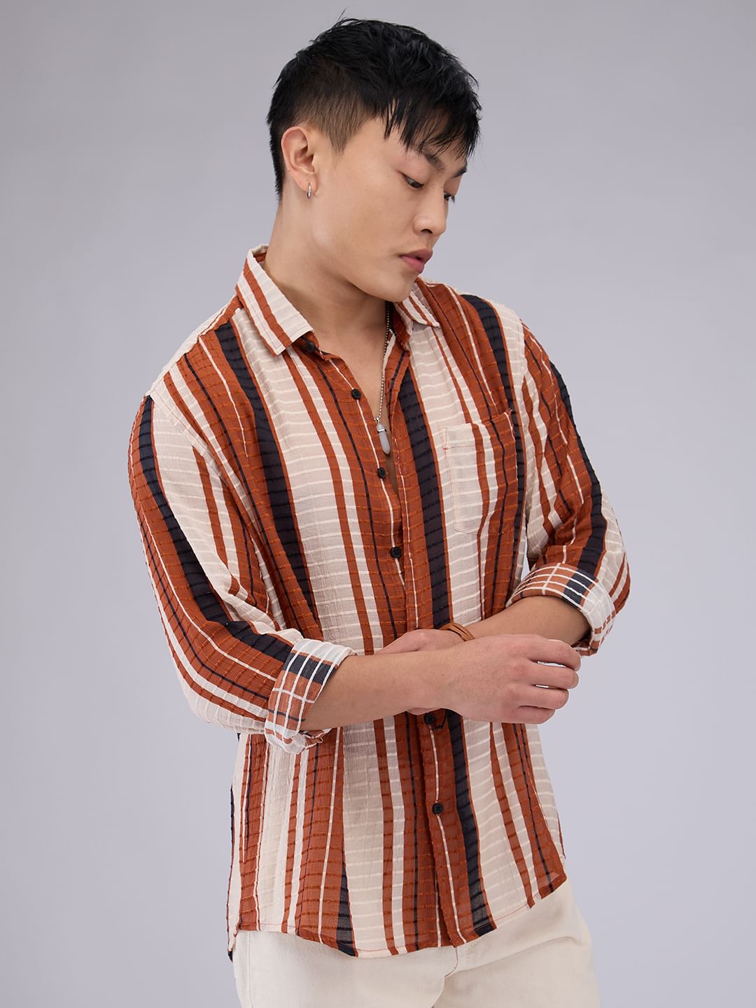 Voguish Brick Red Dobby Striped Shirt