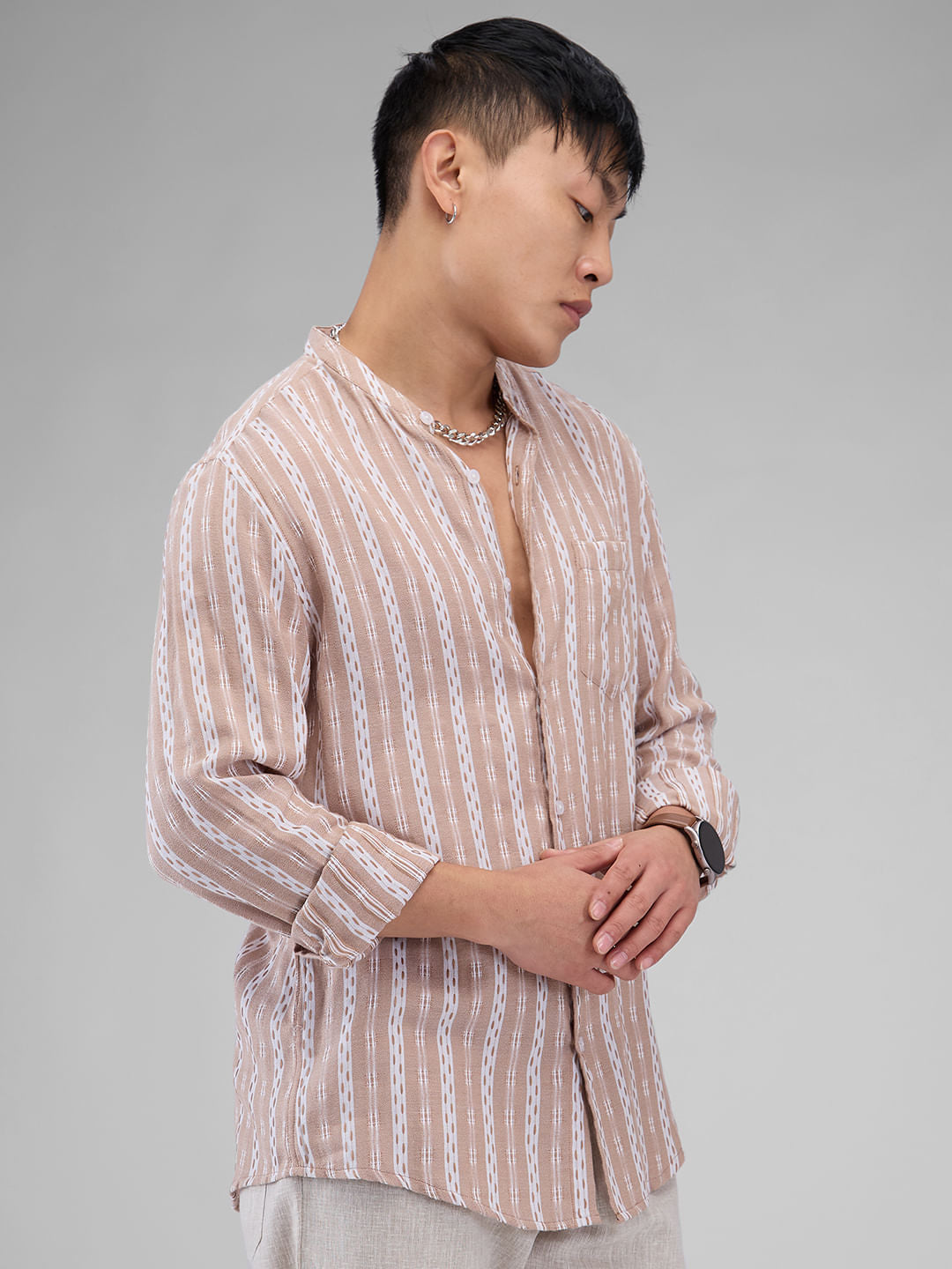 Premium Cotton Vintage Tan Thread Flat-Weave Striped Shirt