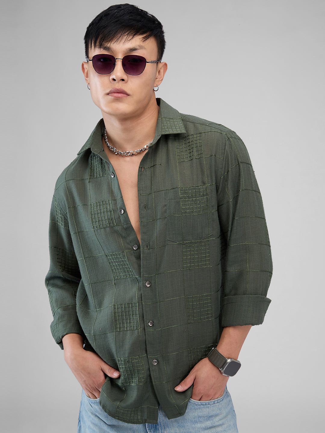 Basil Green Square Embroidered Shirt