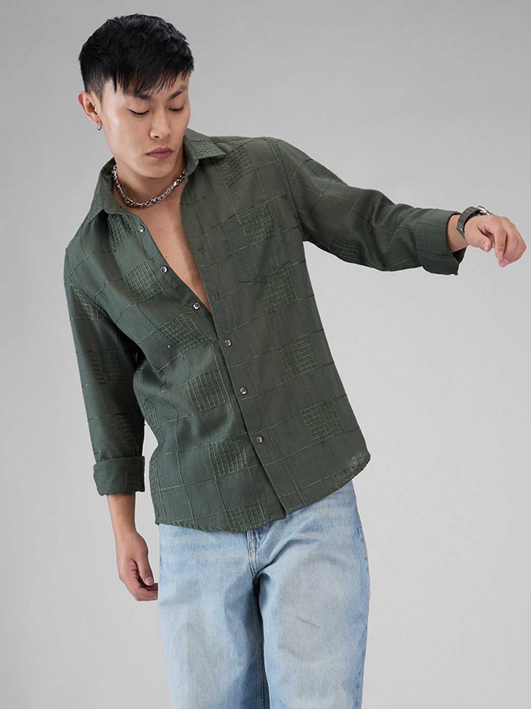 Basil Green Square Embroidered Shirt