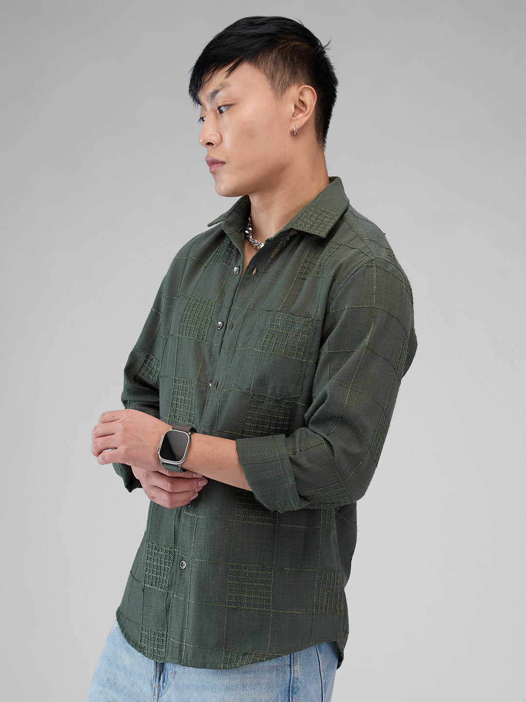 Basil Green Square Embroidered Shirt