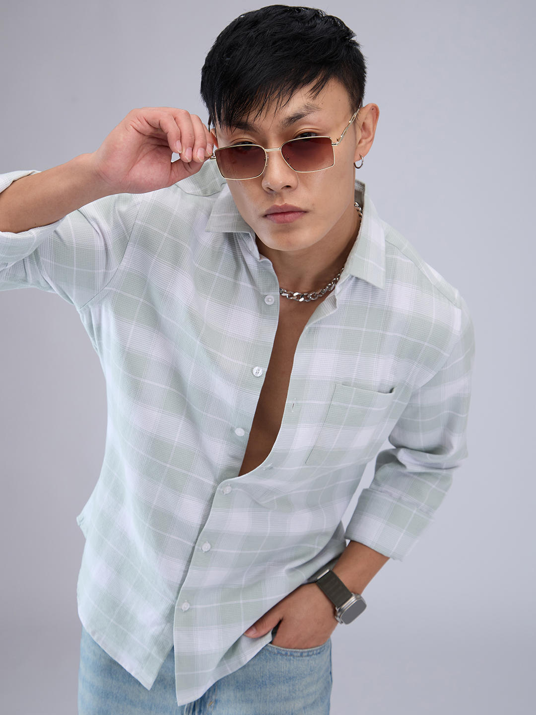 Premium Cotton Pastel Green & White Tartanique Checked Shirt - Image 1