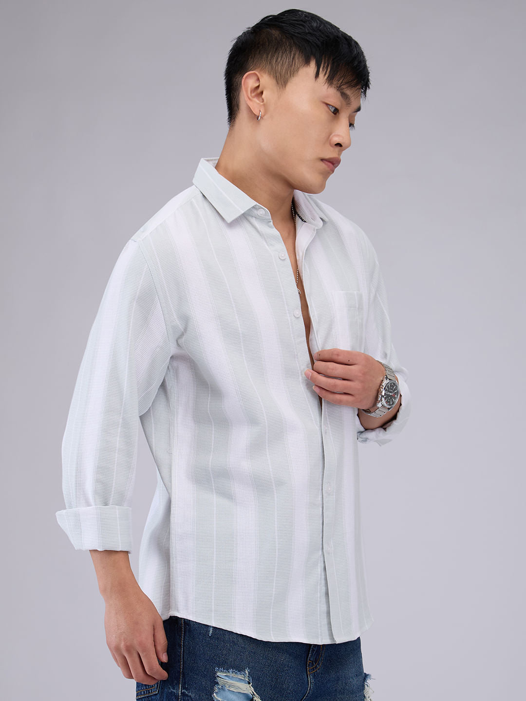 Premium Cotton Pastel Green & White Broad Striped Shirt