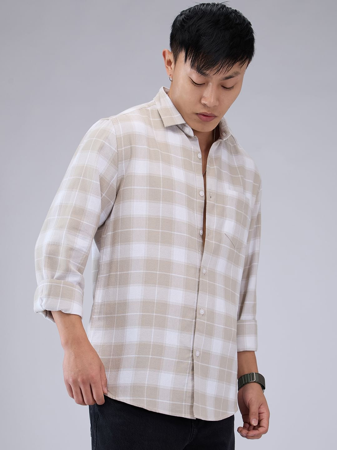 Premium Cotton Greige & White Checkered Shirt