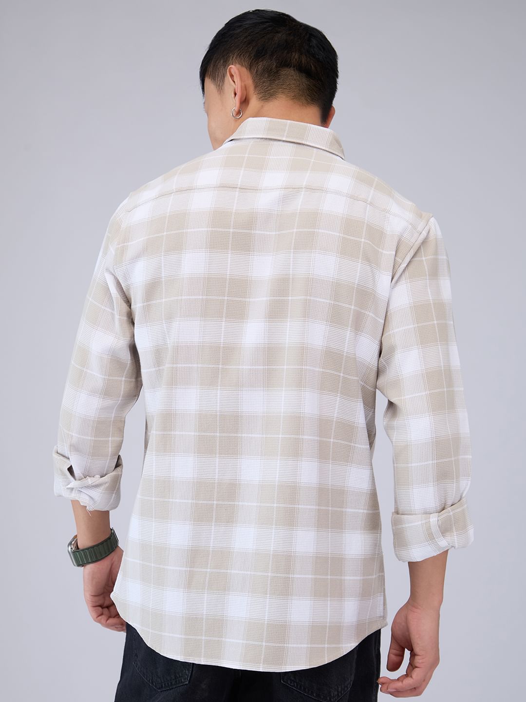 Premium Cotton Greige & White Checkered Shirt