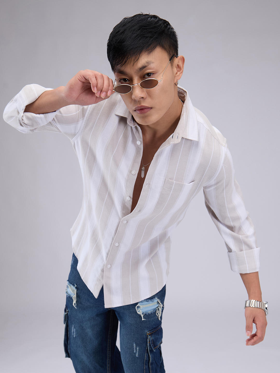 Premium Cotton Greige & White Broad Striped Shirt
