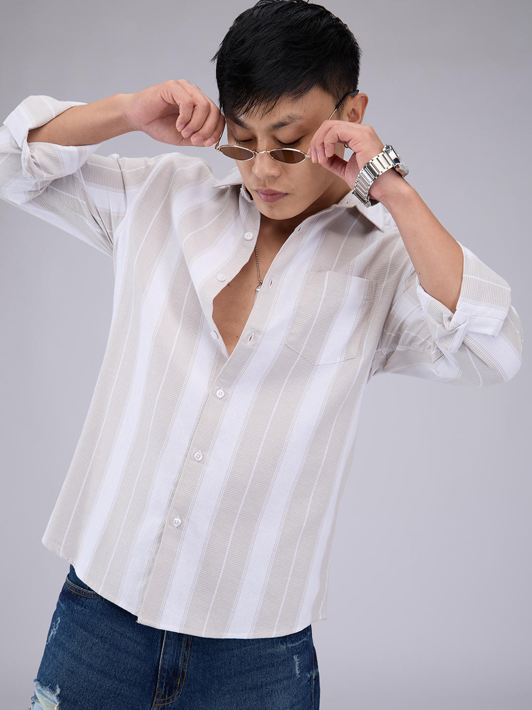 Premium Cotton Greige & White Broad Striped Shirt