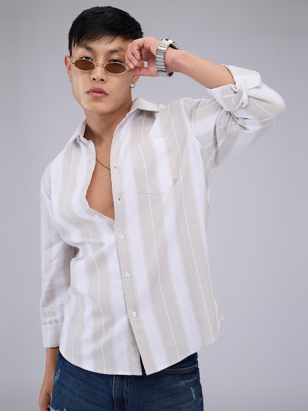 Premium Cotton Greige & White Broad Striped Shirt