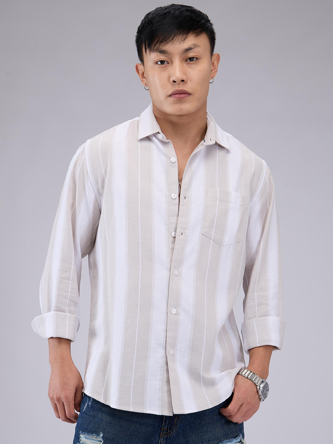 Premium Cotton Greige & White Broad Striped Shirt