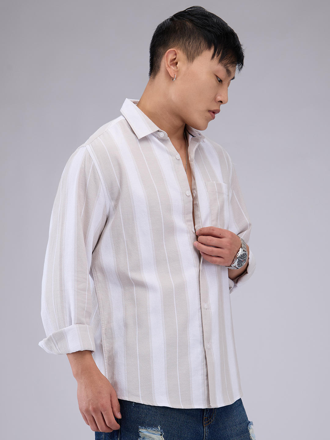 Premium Cotton Greige & White Broad Striped Shirt