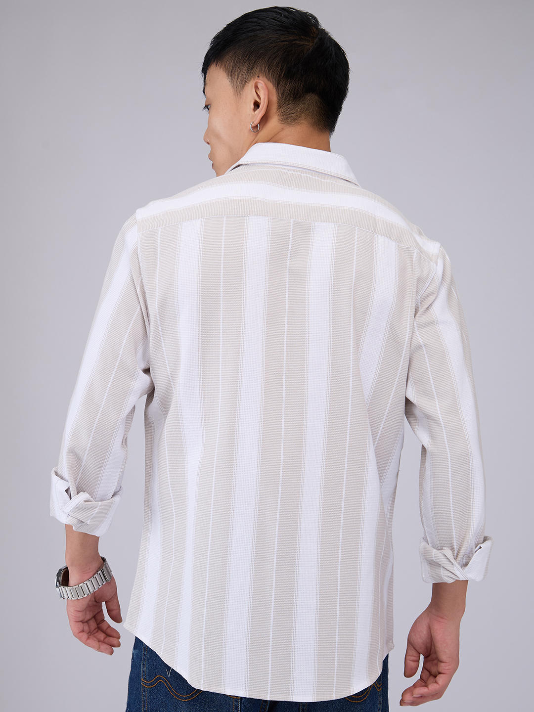 Premium Cotton Greige & White Broad Striped Shirt