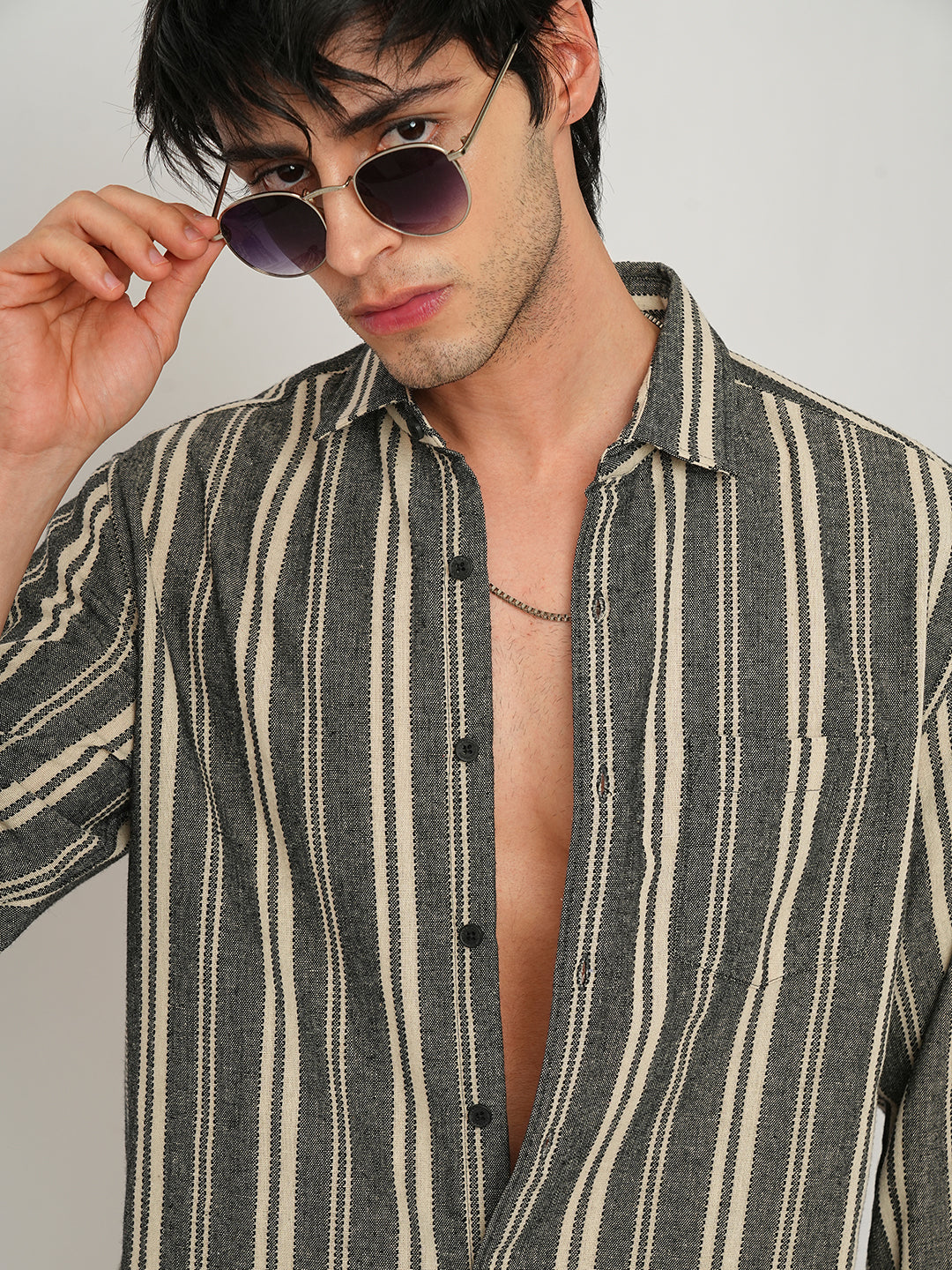 Black & Beige Vertical Striped Shirt
