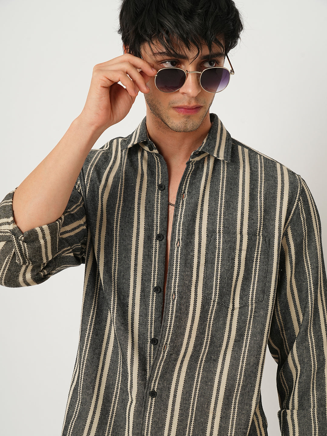Black & Beige Vertical Striped Shirt